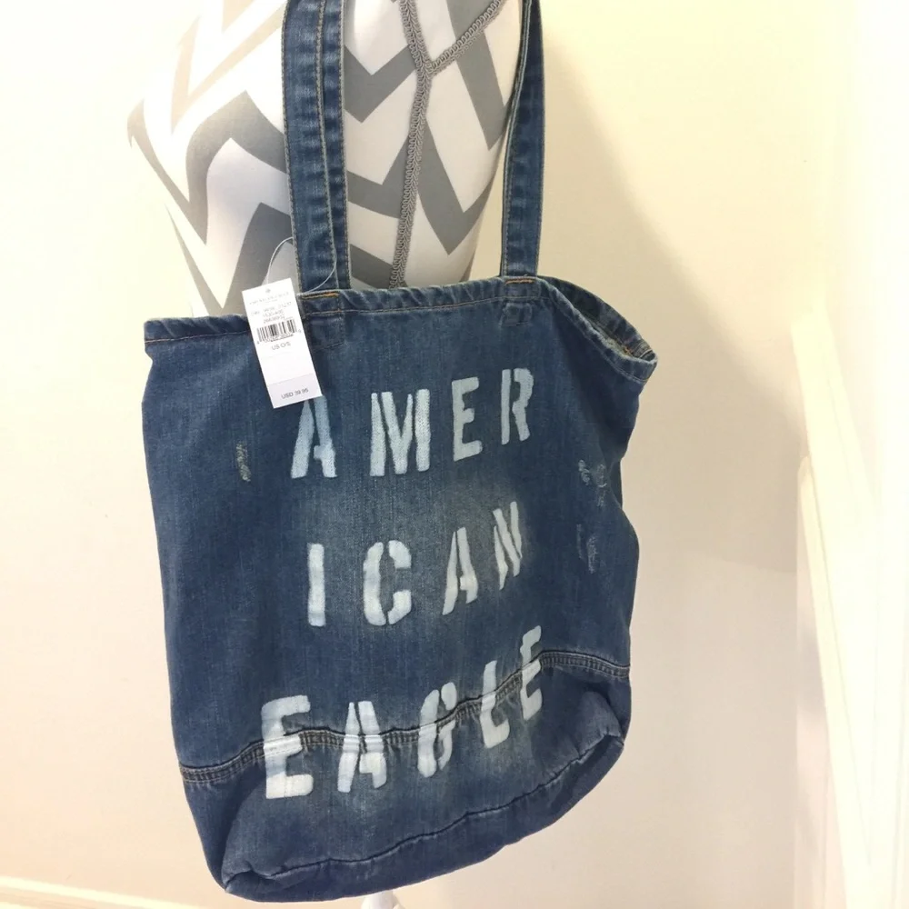 American Eagle Blue Denim Graphic Stenciled Shoulder Tote Bag NWT